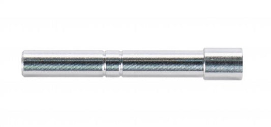 A silver metallic cylindrical rod from Leybold North America, featuring a thicker end that tapers into a narrower, longer segment, designed for precise pressure measurements. The horizontally aligned tool is set against a plain white background. Model: Test Leak in Screwed Socked 0.5 - 1E-7mbar l/s.