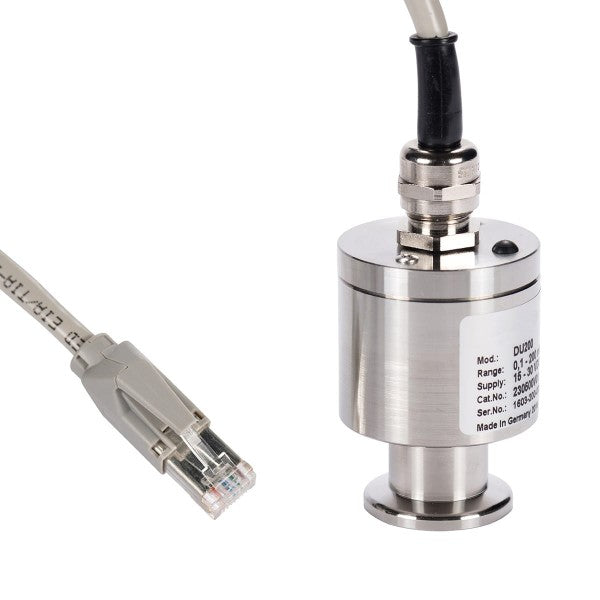 The DU 200, a cylindrical stainless steel industrial sensor from Leybold North America, features a labeled white sticker displaying its specifications. It is equipped with an Ethernet cable terminating in a standard RJ45 connector for seamless connectivity. The device is supported by a flat, circular base.