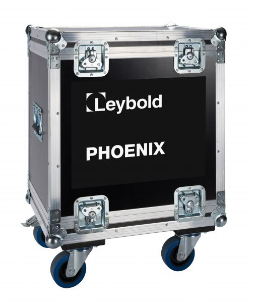 The PHOENIX Transport Case for Vario by Leybold North America features wheels, a black front panel, and protective metal edges. "Leybold" and "PHOENIX" appear in white text. It offers customizable foam inserts for secure storage.
