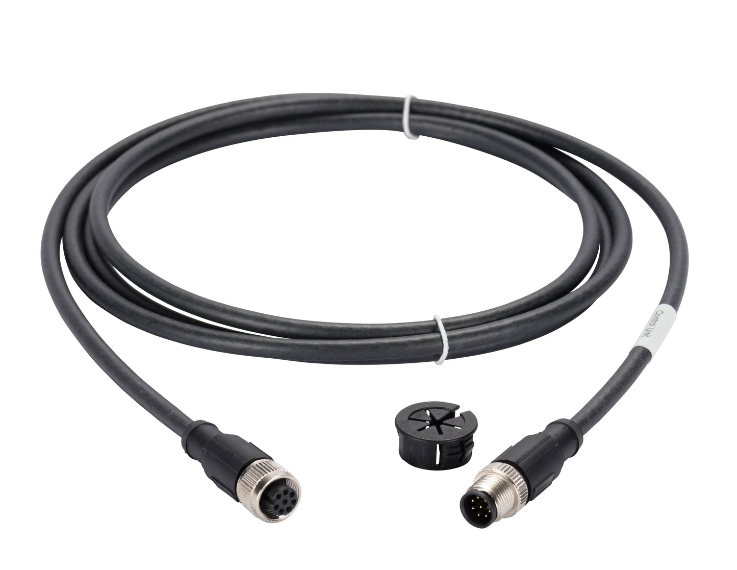 An image of a black Cable for PHOENIX Interface with metallic connectors on both ends. The connectors are circular with multiple pins. A small, round plastic piece with a clip mechanism is placed between the cable ends. The cable is neatly coiled and secured with a white tie from Leybold North America.