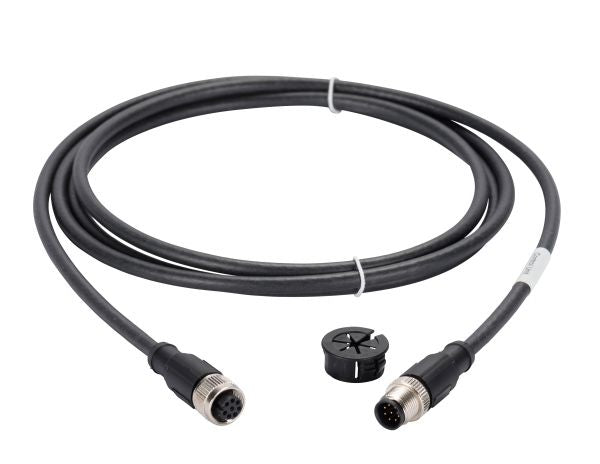 A high-quality Leybold North America coiled black cable with eight-pin connectors and a plastic circular ring in the middle, ideal for use with PHOENIX Interface systems. Product: Cable for PHOENIX Interface (0.5 m).