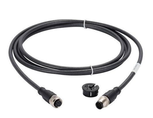 A high-quality Leybold North America coiled black cable with eight-pin connectors and a plastic circular ring in the middle, ideal for use with PHOENIX Interface systems. Product: Cable for PHOENIX Interface (0.5 m).