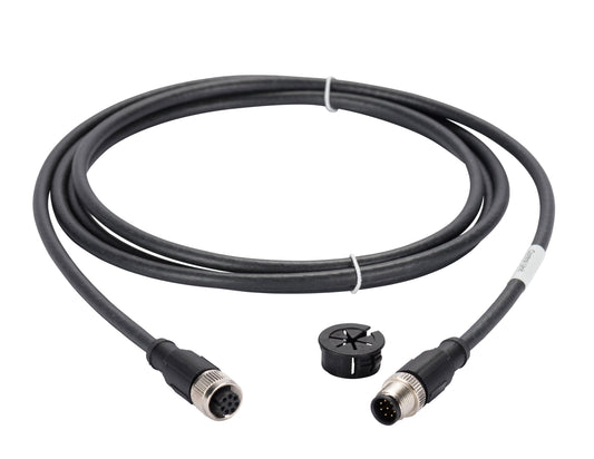 A Leybold North America Cable for PHOENIX Interface Module - 2m with connectors on both ends. It features a round, multi-pin connector with a metal casing. The cable is coiled and secured with a twist tie. A small, round plastic component is placed in the middle of the coiled cable.