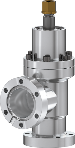 The UHV All-metal Valve DN 40 CF by Leybold North America is a shiny, metallic cylinder with multiple flanges for exceptional gas flow control. It has a bolt-fastened top and a small hexagonal brass component at the peak, all with a beautifully polished light-reflective surface.