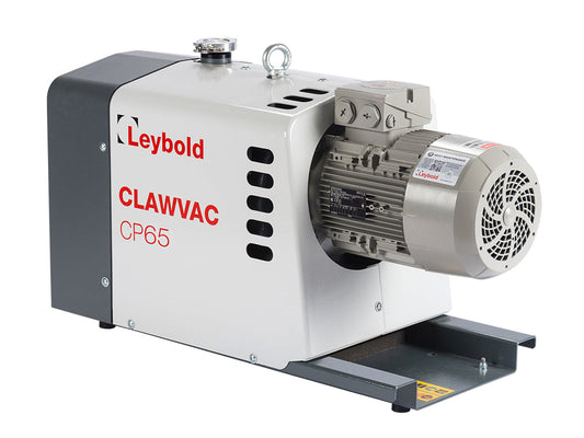 A gray and black industrial vacuum pump with the branding "Leybold CLAWVAC CP 65 A" displayed on its side. The pump has a vented motor housing and several control knobs and connection points on top. It is mounted on a metal base plate.