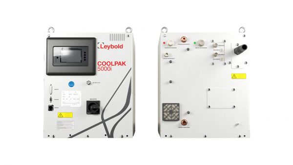 Image of a Leybold North America COOLPAK 5000i unit. The device boasts a digital display, multiple buttons and knobs, connectors, and a ventilation grille. The front panel showcases the model name and brand. Two metal loops are positioned on the top corners for easy mounting or carrying.