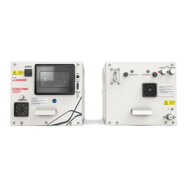 Two white industrial units from Leybold North America, labeled COOLPAK 2000i, are shown. The unit on the left features a control panel with buttons, indicator lights, and several ports. The unit on the right has additional buttons, vents, and a warning label, along with connectors.