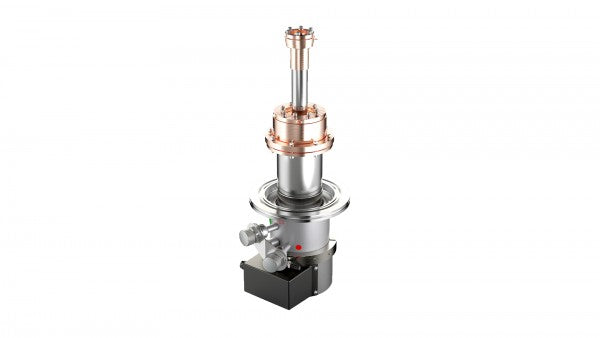 The Leybold North America COOLPOWER 5/100i is a high-tech, cylindrical scientific instrument featuring metallic components, including parts made from copper and silver. Mounted on a black base, it is designed for precise measurements or experimental research and is set against a white background.