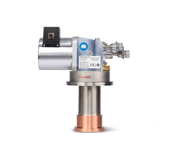 Close-up image of a COOLPOWER 250 MDi vacuum pump by Leybold North America. The pump is metallic with a mix of silver and brass tones, featuring a cylindrical body and various connectors and valves. The brand name "Leybold North America" and technical specifications are visible on the label.