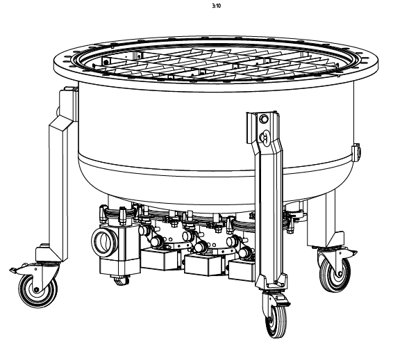 Introducing the Leybold North America COOLVAC 30000: a comprehensive technical drawing reveals a cylindrical industrial machine, equipped with three caster wheels affixed to a durable base. The upper section showcases an intricate grid-like design, while the underneath area exposes several mechanical components such as a valve and various connectors.