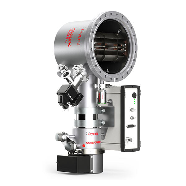 The image shows a close-up of a Leybold North America COOLVAC 1500 iSL-H, a complex scientific instrument used in cryogenic vacuum technology. It features a cylindrical chamber with several attached components, including gauges, valves, and cables, with a control box on the side.
