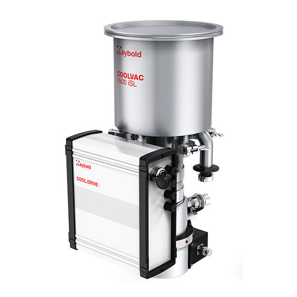 A metal industrial vacuum pump with a large cylindrical chamber labeled "Leybold North America COOLVAC 1500 iSL" mounted above a rectangular control unit labeled "COOL DRIVE." The apparatus includes various pipes, fittings, and connectors and is predominantly silver and black.