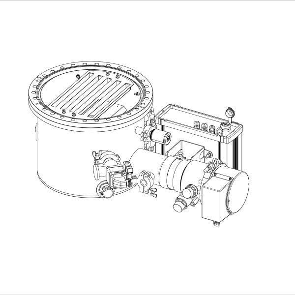 A technical line drawing of the COOLVAC 3000 iSL-H by Leybold North America, featuring a cylindrical housing with a flanged lid, various control mechanisms, and a complex assembly of pipes and valves. The device appears to be part of a larger industrial system, possibly related to fluid control or processing.