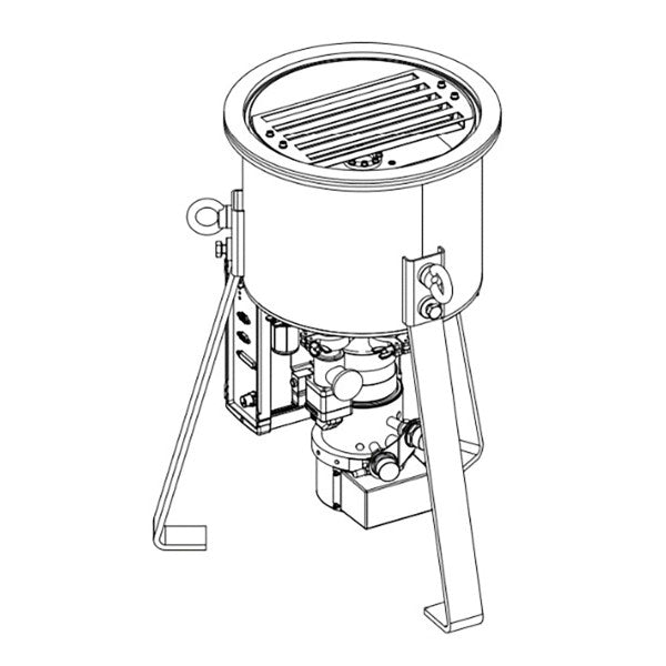 The black and white line drawing depicts a COOLVAC 3000 iSL, manufactured by Leybold North America. This mechanical device features a cylindrical body mounted on a three-legged stand with various structural components. The top displays a grated opening, and multiple levers and valves are visible along the sides and bottom.
