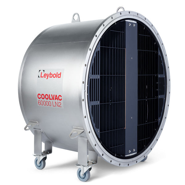 A large cylindrical industrial cooling system on wheels, labelled "Leybold North America COOLVAC 60000", with two black front panels and a metallic body. The device has handles on either side and brackets near the base.