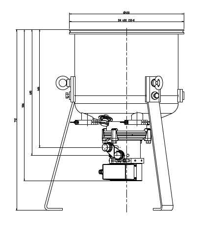 Side-view technical drawing of a cylindrical industrial tank on a stand with side supports, mechanical components, and labeled dimensions—engineered for high-vacuum use with Leybold North America's COOLVAC 5000 cryogenic pump.