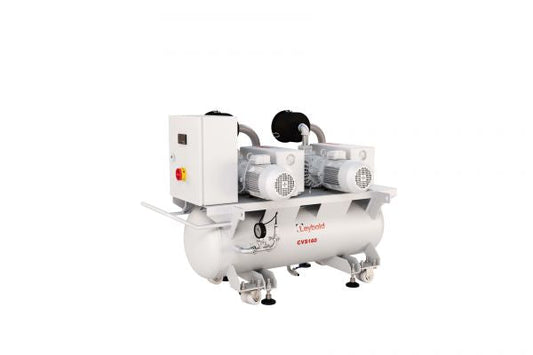 Image of a Leybold North America CVS160 1XSV100B Basic dental air compressor, featuring a white tank with two large motors mounted on top and an attached control panel. The compressor is designed for use in dental applications.