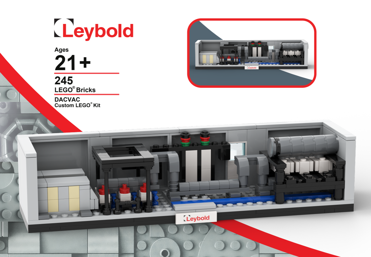 The Limited Edition DACVAC System LEGO set from Leybold North America Shop lets enthusiasts build a miniature DACVAC system. It includes 245 pieces, suggests an age of 21+, displays the Leybold logo on the box, and is housed in a sleek white and gray rectangular shell.