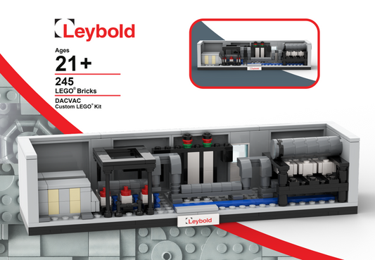 The Limited Edition DACVAC System LEGO set from Leybold North America Shop lets enthusiasts build a miniature DACVAC system. It includes 245 pieces, suggests an age of 21+, displays the Leybold logo on the box, and is housed in a sleek white and gray rectangular shell.