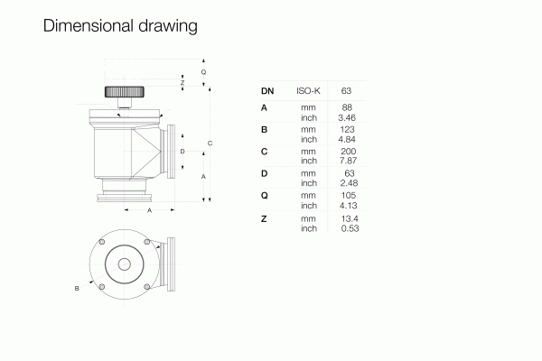 A technical drawing labeled "Dimensional Drawing" illustrates multiple views of an ISO-K right angle valve, manually operated by Leybold North America, including side and top perspectives. A table provides dimensions in millimeters (mm) and inches (inch) for DN (63), A, B, C, D, and lengths Q and Z.