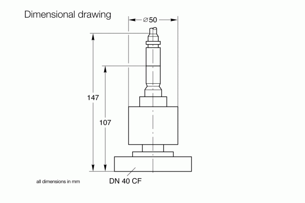 The technical drawing, titled "Dimensional drawing," depicts the Leybold North America PENNINGVAC PR 28 - Bakeable cylindrical object with a height of 147 mm and a top diameter of 50 mm, designed for bakeable vacuum storage. The base is marked as "DN 40 CF," and all dimensions are in millimeters.