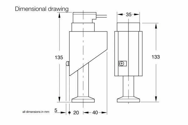 Dimensional drawing of the Leybold North America THERMOVAC TR 216 mechanical part with measurements in millimeters. The part is labeled with a height of 135 mm on the left side, 133 mm on the right side, a width of 35 mm, a base length of 40 mm, and includes a smaller segment measuring 20 mm.