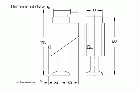 Dimensional drawing of the Leybold North America THERMOVAC TR 216 mechanical part with measurements in millimeters. The part is labeled with a height of 135 mm on the left side, 133 mm on the right side, a width of 35 mm, a base length of 40 mm, and includes a smaller segment measuring 20 mm.