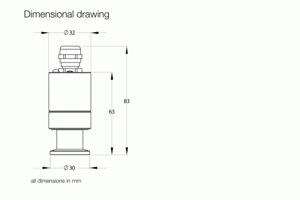 The dimensional drawing of the DI 2001 from Leybold North America depicts a cylindrical object with a height of 83 mm, a diameter of 32 mm at the top, and a diameter of 30 mm at the bottom. Annotations confirm that all measurements are in millimeters.