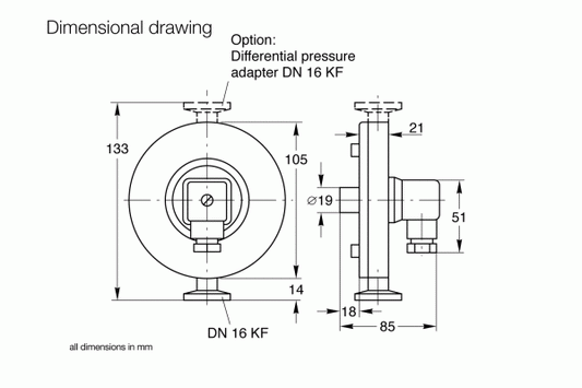 The PS 115 Pressure Switch by Leybold North America features DN 16 KF flanges, measures 133 mm high and 105 mm wide with a central circular section, and provides adjustable set points. The side view shows the depth and details, with an optional differential pressure adapter available.