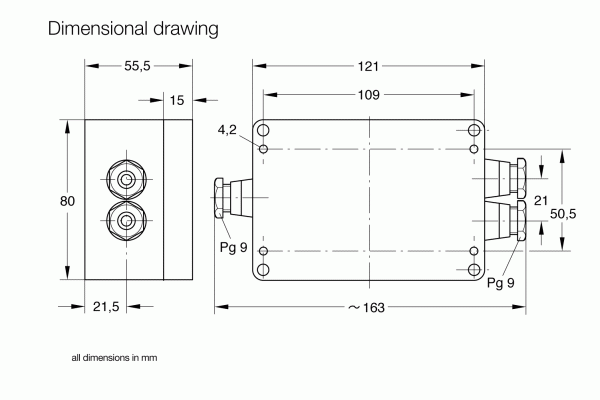 Technical dimensional drawing of the Switching Amplifier SV 110 by Leybold North America. The drawing shows a rectangular component with a front and top view, labeled with various measurements in millimeters. Notable measurements include 163mm width, 121mm length, and 50.5mm height with additional annotations.