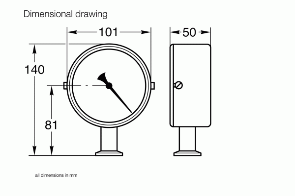 Dimensional drawing of the BOURDONVAC C circular gauge by Leybold North America, featuring a needle and displaying front and side views. Dimensions in millimeters: 140 mm height, 101 mm front diameter, 81 mm gauge face, and 50 mm side width. Text reads "all dimensions in mm.