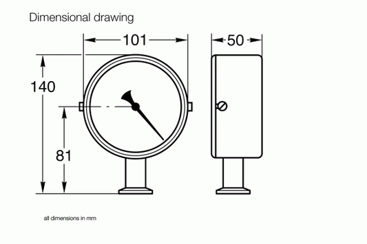 Dimensional drawing of the BOURDONVAC C circular gauge by Leybold North America, featuring a needle and displaying front and side views. Dimensions in millimeters: 140 mm height, 101 mm front diameter, 81 mm gauge face, and 50 mm side width. Text reads "all dimensions in mm.