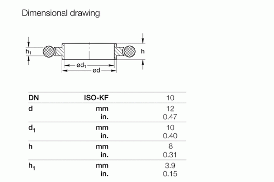 Dimensional drawing for Leybold North America's Centering Rings DN 10 ISO-KF (Aluminum) with tables listing diameter, outer diameter, height, and height in mm/inches. Ideal for vacuum systems and essential for ISO-KF flange connections.