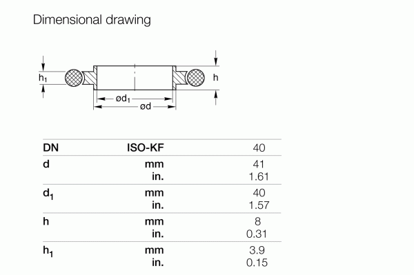 Technical drawing of Leybold North America's Centering Rings DN 40 ISO-KF (Aluminum), featuring a side view with diameter (d), outer diameter (d1), and heights (h, h1) dimensions for vacuum systems. Measurements are in millimeters and inches in the accompanying table.