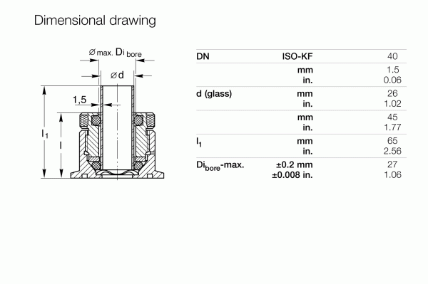 The dimensional drawing for Leybold North America's KF Flanges with Compression Fitting DN 40 ISO-KF (26 mm) shows measurements in millimeters and inches, including diameters Ø max, Ø d, length l₁, and detailed specs. It features a cross-sectional view to ensure a precise vacuum system fit.