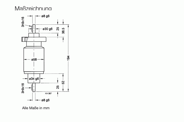 A technical drawing for the UHV-Rotary Feedthrough FNR 40/20 N by Leybold North America details a cylindrical part for ultra-high vacuum uses, with millimeter measurements. It includes labels like d8 g6, 3h9x16, and KH 307 to specify dimensions and sections.