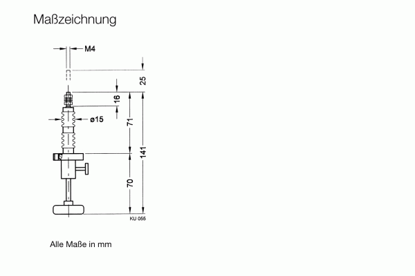 The technical drawing of the UHV-Linear Motion Feedthrough FNL 16/25 by Leybold North America shows a vertical assembly with threaded sections for precise motion control. Dimensions in millimeters are labeled, including a total height of 141 mm, and various smaller sections marked on the diagram.
