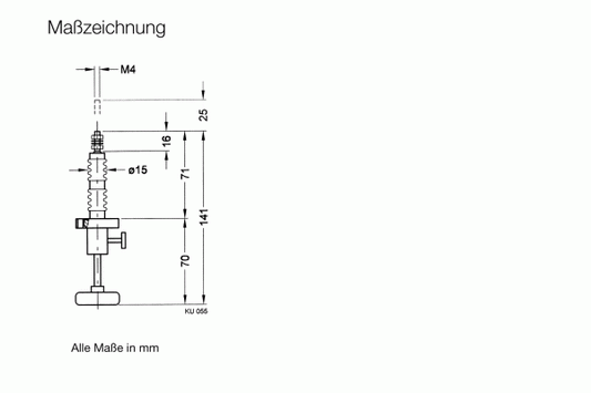 The technical drawing of the UHV-Linear Motion Feedthrough FNL 16/25 by Leybold North America shows a vertical assembly with threaded sections for precise motion control. Dimensions in millimeters are labeled, including a total height of 141 mm, and various smaller sections marked on the diagram.