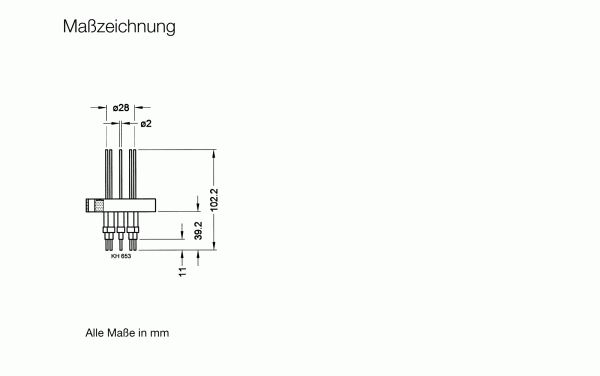 The technical drawing of the Leybold North America UHV-Current Feedthrough FE 40/9 shows side and top views labeled in millimeters, featuring a height of 39.2 mm, width of 22 mm, and diameter of 28 mm. German text is used for the measurements. Ideal for feedthrough applications.