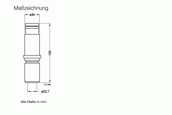 Technical drawing of the Leybold North America High Voltage Feedthrough Plug 1 pin - Atmosphere Side, cylindrical: 135 mm height, 34 mm top diameter, 22.7 mm base. German text "Maßzeichnung," "Alle Maße in mm." Electrical connections shown.