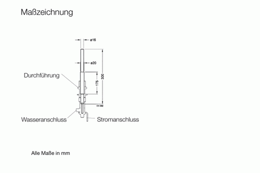 A technical diagram in German for the Straight Electrode for High Current Feedthrough by Leybold North America shows dimensions intended for industrial use. It features a vertical tube labeled "Durchführung," "Wasseranschluss," and "Stromanschluss." The measurements are given in millimeters, emphasizing specific diameters and heights with electrical connections designed for high current feedthroughs.