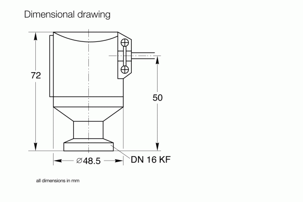 The technical drawing illustrates a Leybold North America PS 113 A Safety Switch, with dimensions labeled for electrical systems. The height is specified as 72 mm, a section width of 50 mm, and the base diameter is measured at 48.5 mm. The connection type is indicated as "DN 16 KF." Safety switch details are prominently highlighted, and all measurements are in millimeters.