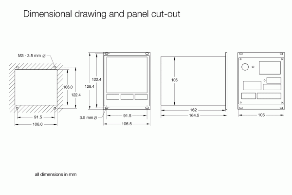 A technical dimensional drawing and panel cut-out diagram showing detailed measurements in millimeters for the rectangular COMBIVAC CM 52 - Profibus device from Leybold North America. The diagram includes front, side, and back views with specific dimensions and positions of holes and cut-outs for installation.