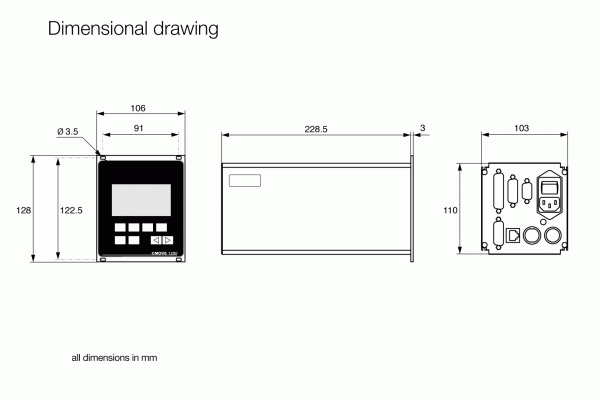 The dimensional drawing of the Leybold North America C-MOVE 1250 - Pressure Controller shows front, side, and back views with measurements in mm: front 128x122.5, side length 228.5, back height 110. It features buttons and connectors for operational efficiency.