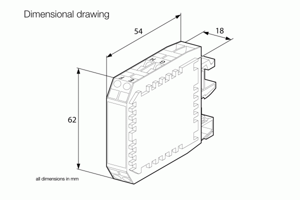 Isometric drawing of the Leybold North America I-MOVE 1250 - Interface Module, dimensions: 62mm tall, 54mm wide, and 18mm deep. Text in the bottom left corner states "Dimensional drawing" and "all dimensions in mm," emphasizing its versatility as a connectivity solution.