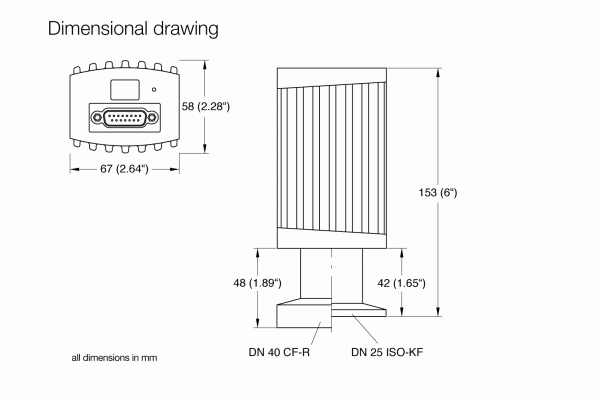 A dimensional drawing of the IONIVAC ITR 200 S Display by Leybold North America with measurements. Front view: 153mm height, 42mm width, DN 25 ISO-KF base. Side view: 48mm depth, DN 40 CF-R connector. Back view: rectangular interface with a 15-pin connector, measuring at 67mm width and 58mm height. All dimensions are in mm.