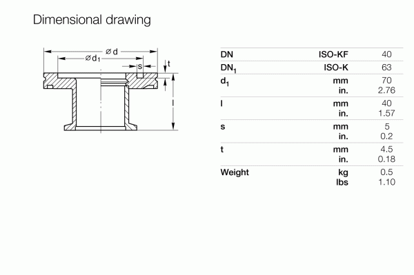 The Leybold North America Adaptors/Reducers DN 63 ISO-K/DN 40 ISO-KF technical drawing shows dimensions in mm and inches, with diameters (d, d1), lengths (l, s), and thickness (t). It is compatible with ISO-KF systems. Weight is detailed in kg and lbs.