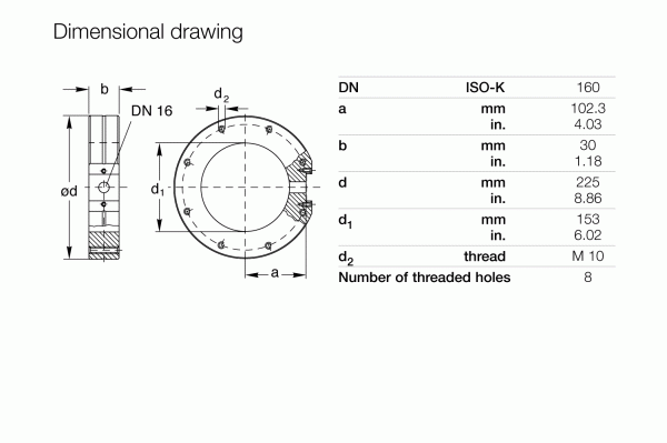 Technical dimensional drawing of Leybold North America Measurement Flanges DN 160 ISO-K for vacuum systems, displaying labeled diameters, thread size, number of holes, and a dimension table in mm and inches.