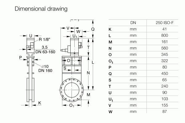 Technical drawing of the Leybold North America UHV Gate valve - Stainless Steel Body DN 250 ISO-F, showing labeled dimensions, side and front views, plus a measurement table (mm); designed for ultra-high vacuum applications.
