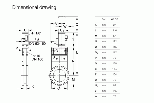 Technical dimensional drawing of the Leybold North America UHV Gate Valve - Stainless Steel Body DN 160 CF, with side and front views labeled with measurements. A table details dimensions (K, L, M, etc.), suited for ultra-high vacuum applications.